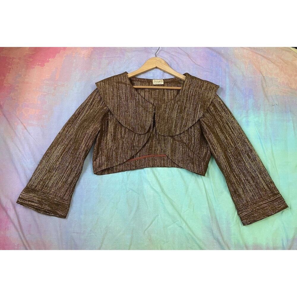 Vintage 1940s 50s Metallic Cropped Gold Brown Bell Sleeve Jacket Top Pinup Sz M